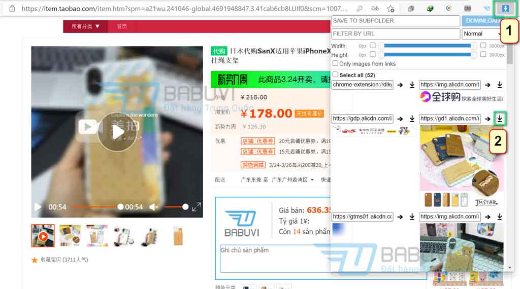 lựa chọn ảnh để tải về máy trên Taobao
